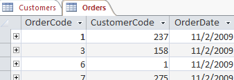 Document window with the Customers and Orders tables in tabs.