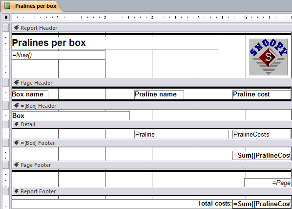 Report pralines per box in design view.