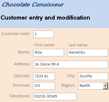 Example of a form for entering or changing customer data. Note that a drop-down list is provided for entering the Region. 