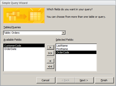 Wizard selection query with selected fields.