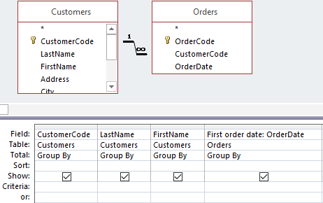 Tables and fields for query First order date.