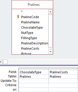 Tables and fields for update query.