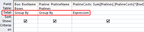 Query design with a visible row Total.